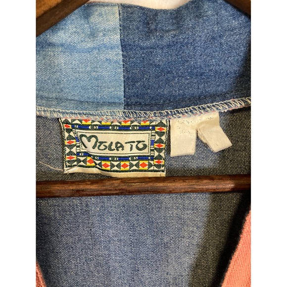 Boho Wearable Art Vintage Mulato Womens XL Denim Patchwork Graphic Duster Coat - Picture 4 of 8